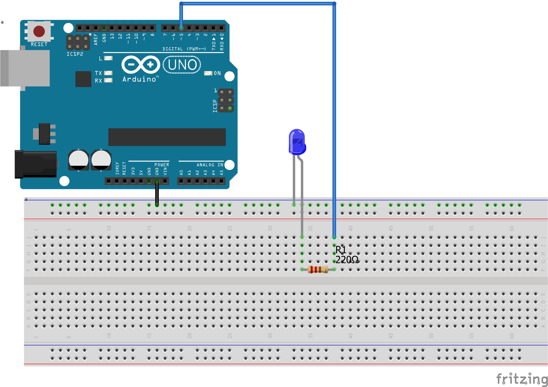 fritzing diagram showing an LED connected to PWM pin 9 with a 220Ω resistor
