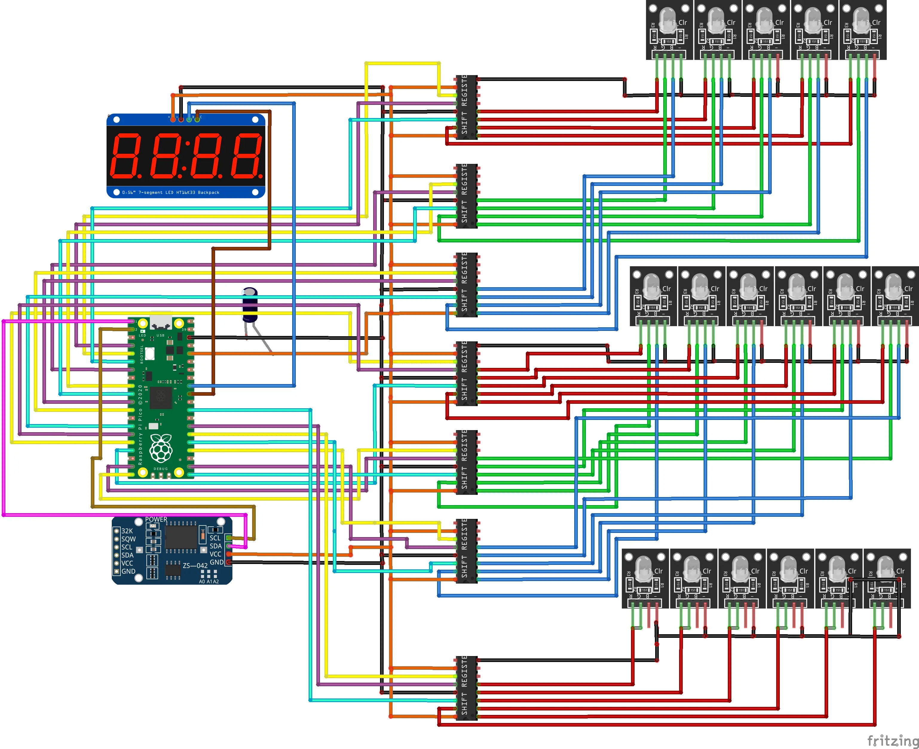 RGB binary clock wiring diagram showing DS3231, TM1637, 74HC595 shift registers and RGB LED banks