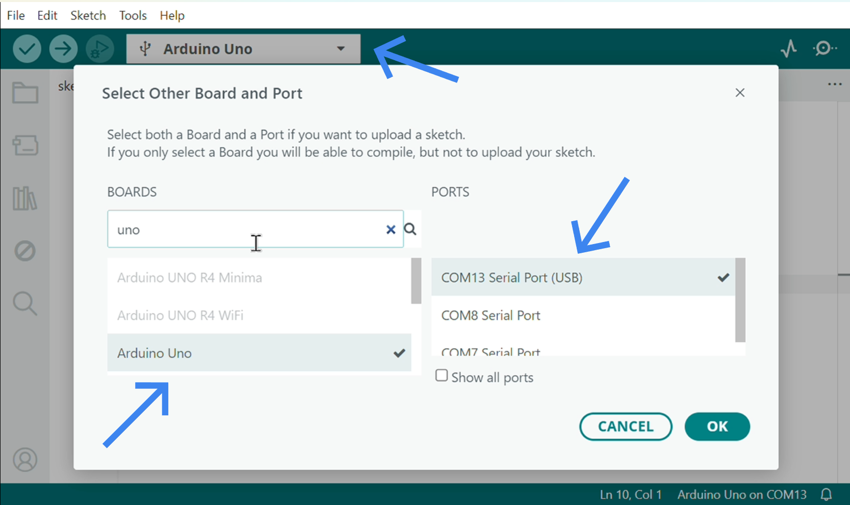 Arduino IDE interface showing the process of selecting the Arduino UNO board and the port marked with USB. The interface includes a search bar for boards and a list of ports. The environment is clean and technical, designed for ease of use.
