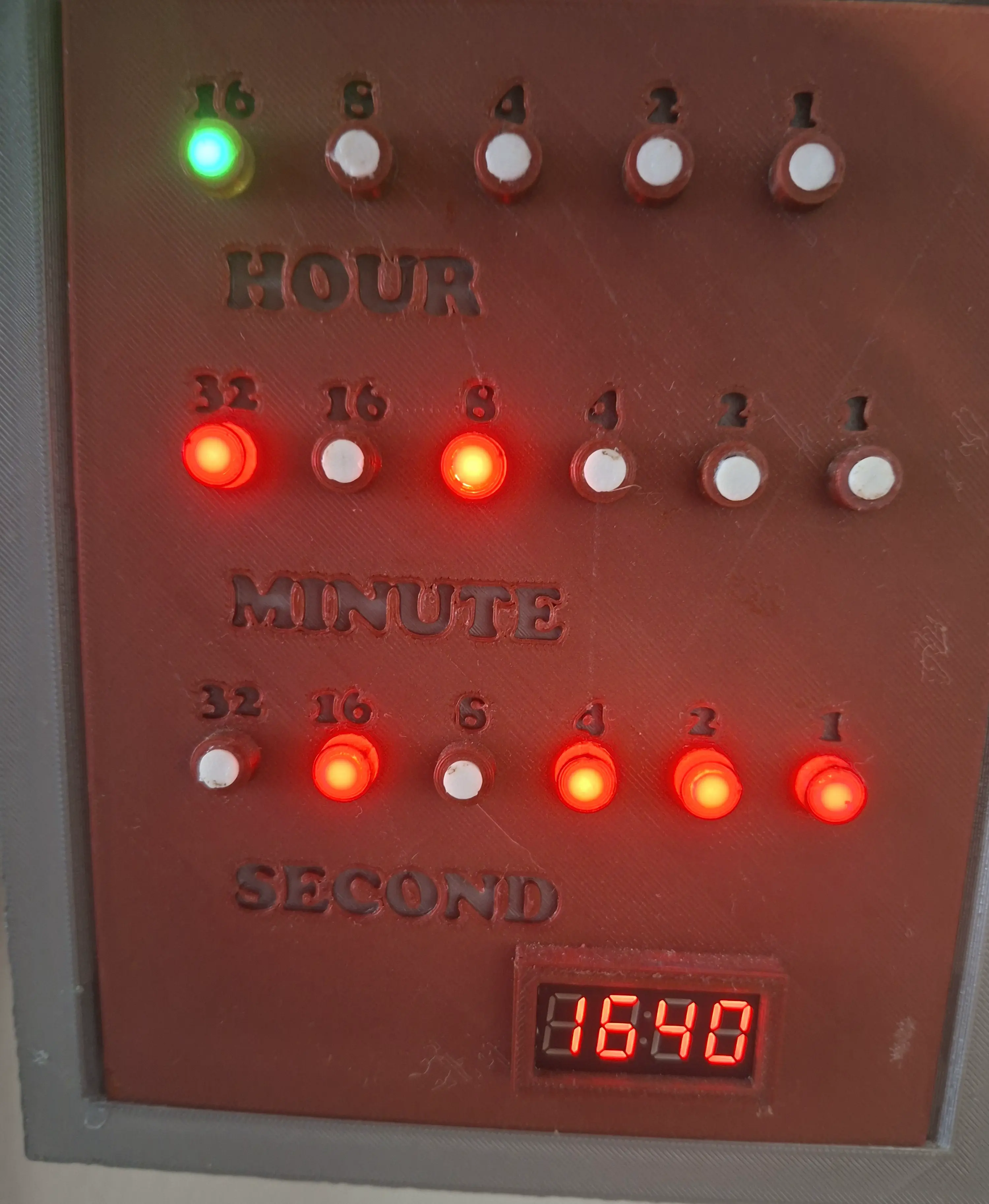 RGB binary clock full build with DS3231 RTC, 74HC595 shift registers and red LED seconds display