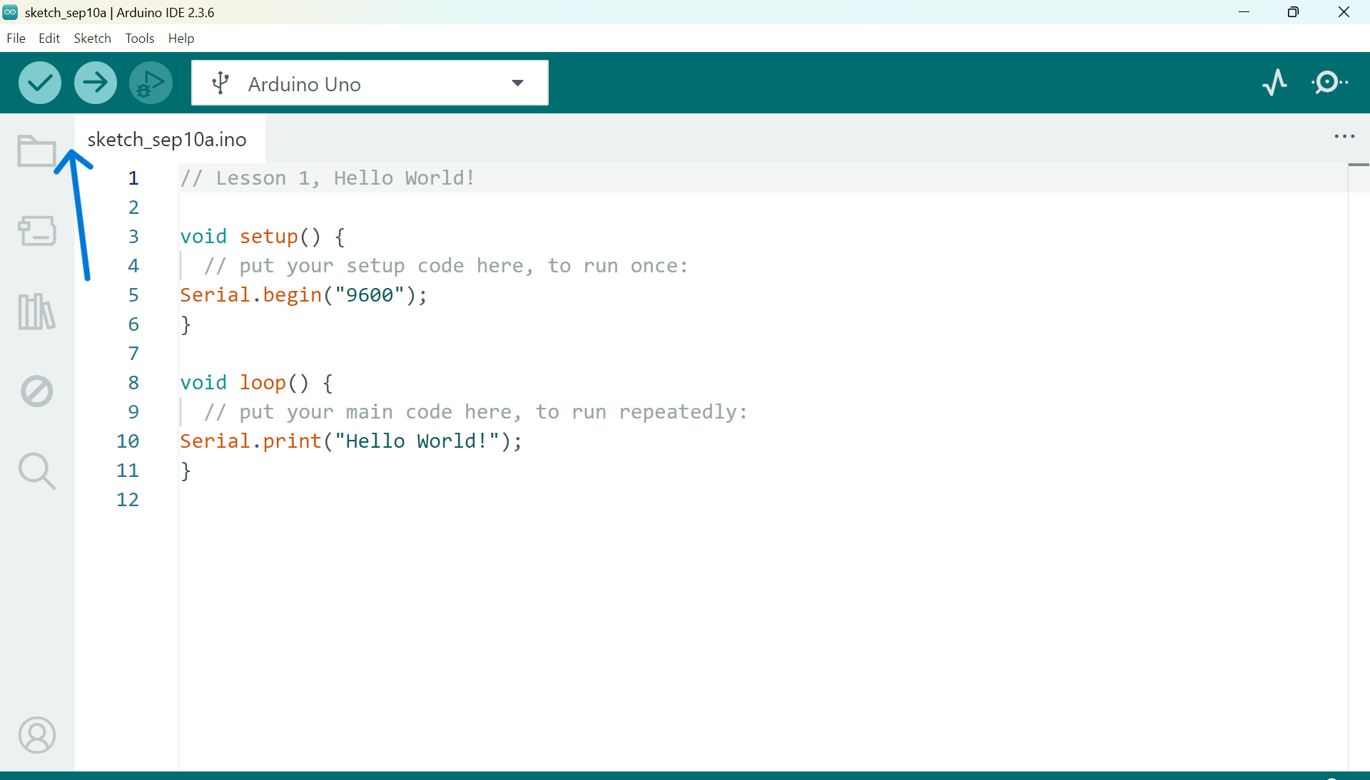 Arduino IDE interface showing the process of verifying and uploading the sketch to the Arduino UNO MCU. The interface includes buttons for verify (check mark) and upload (arrow), with a clean and technical environment designed for ease of use.
