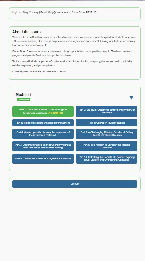 Student dashboard with lesson list